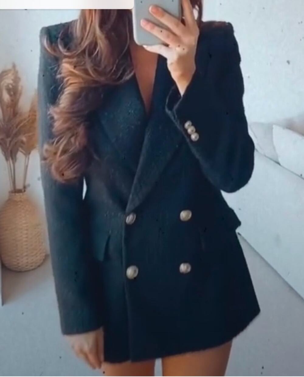 ZARA Tweed Double Breasted Blazer Textured Bouclé Gold Button Long Jacket